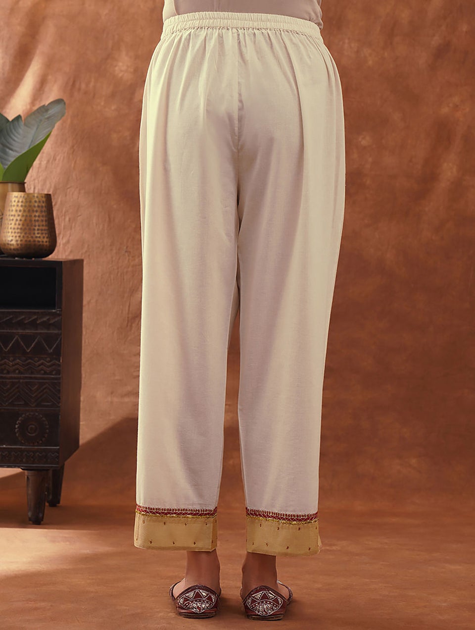 Women Ivory Hand Embroidered Elasticated Waist Cotton Pants - XS