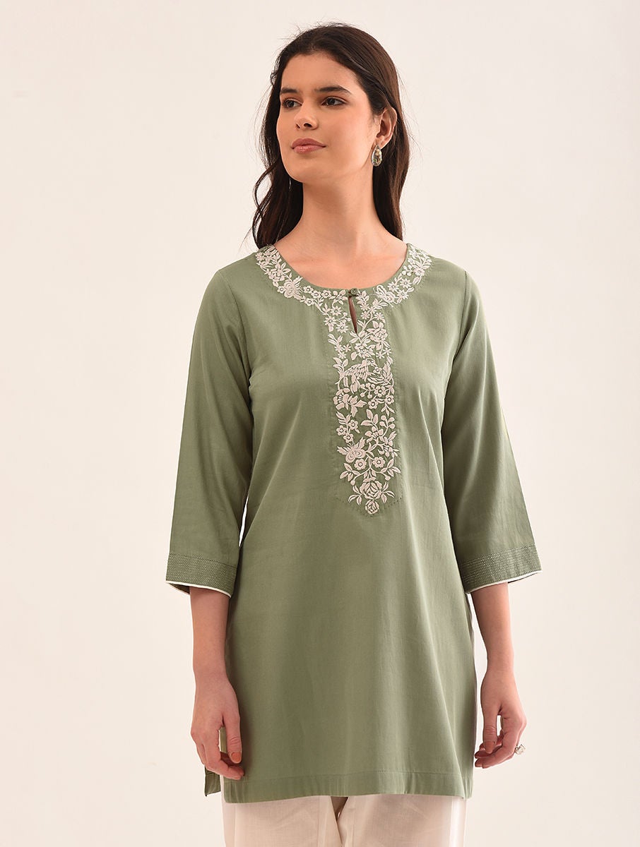 Women Green Embroidered Cotton Tunic