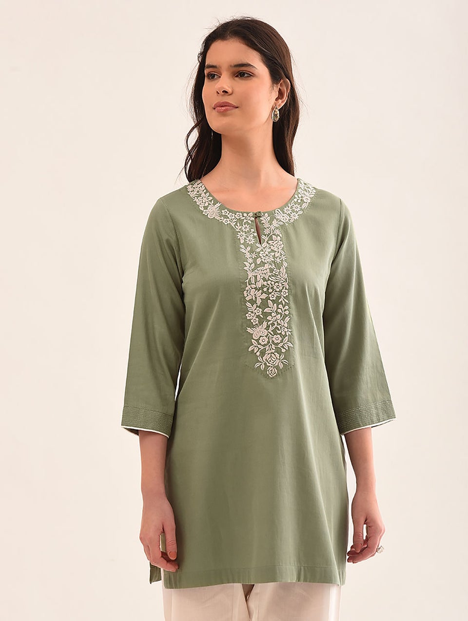 Women Green Embroidered Cotton Tunic - XS