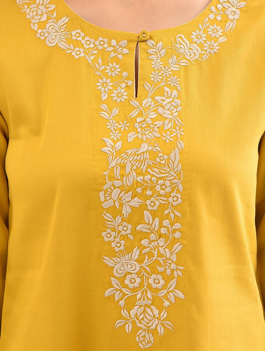 Women Mustard Embroidered Cotton Tunic