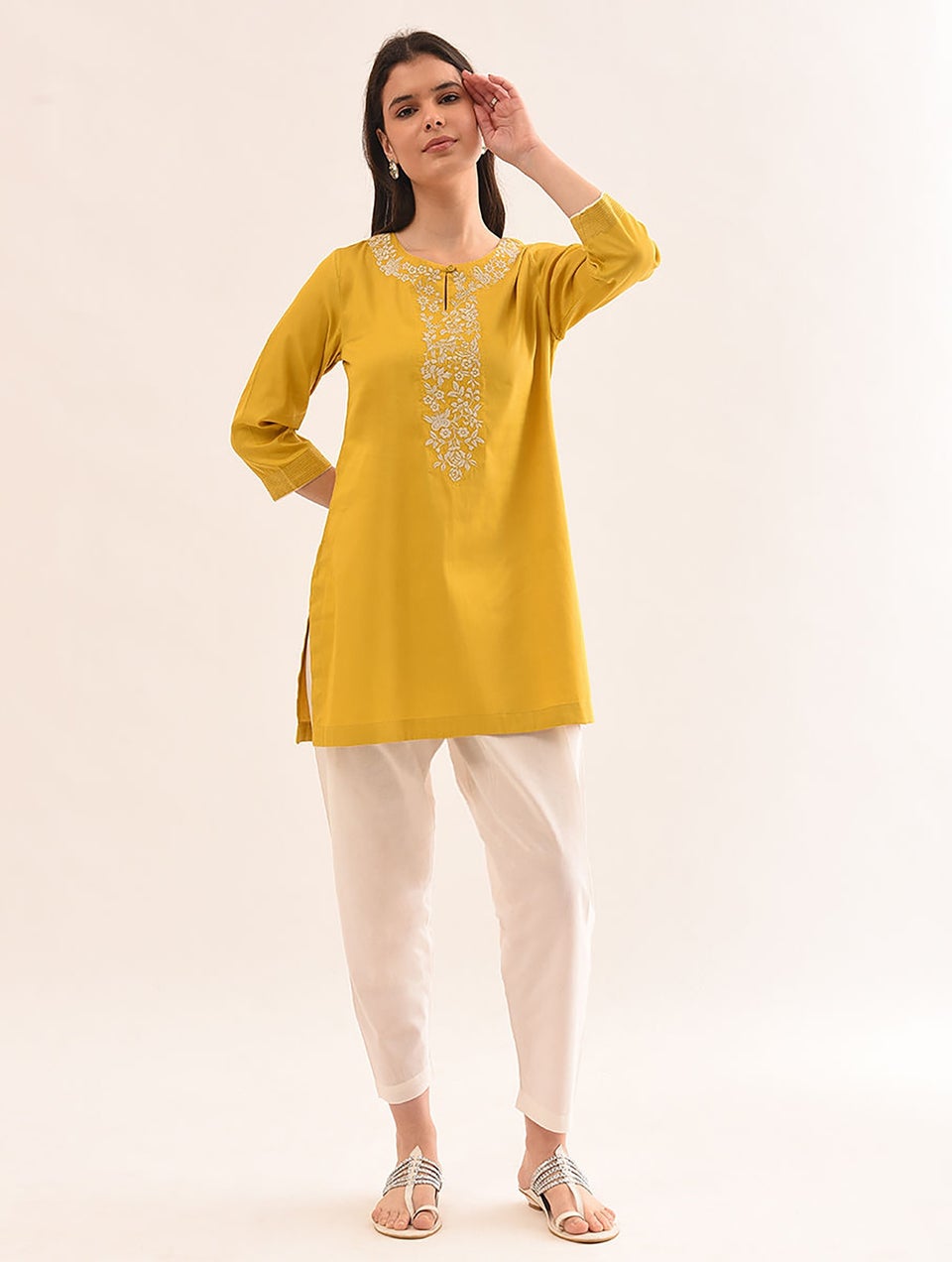Women Mustard Yellow Cotton Embroidered Round Neck Regular Fit Tunic - XS