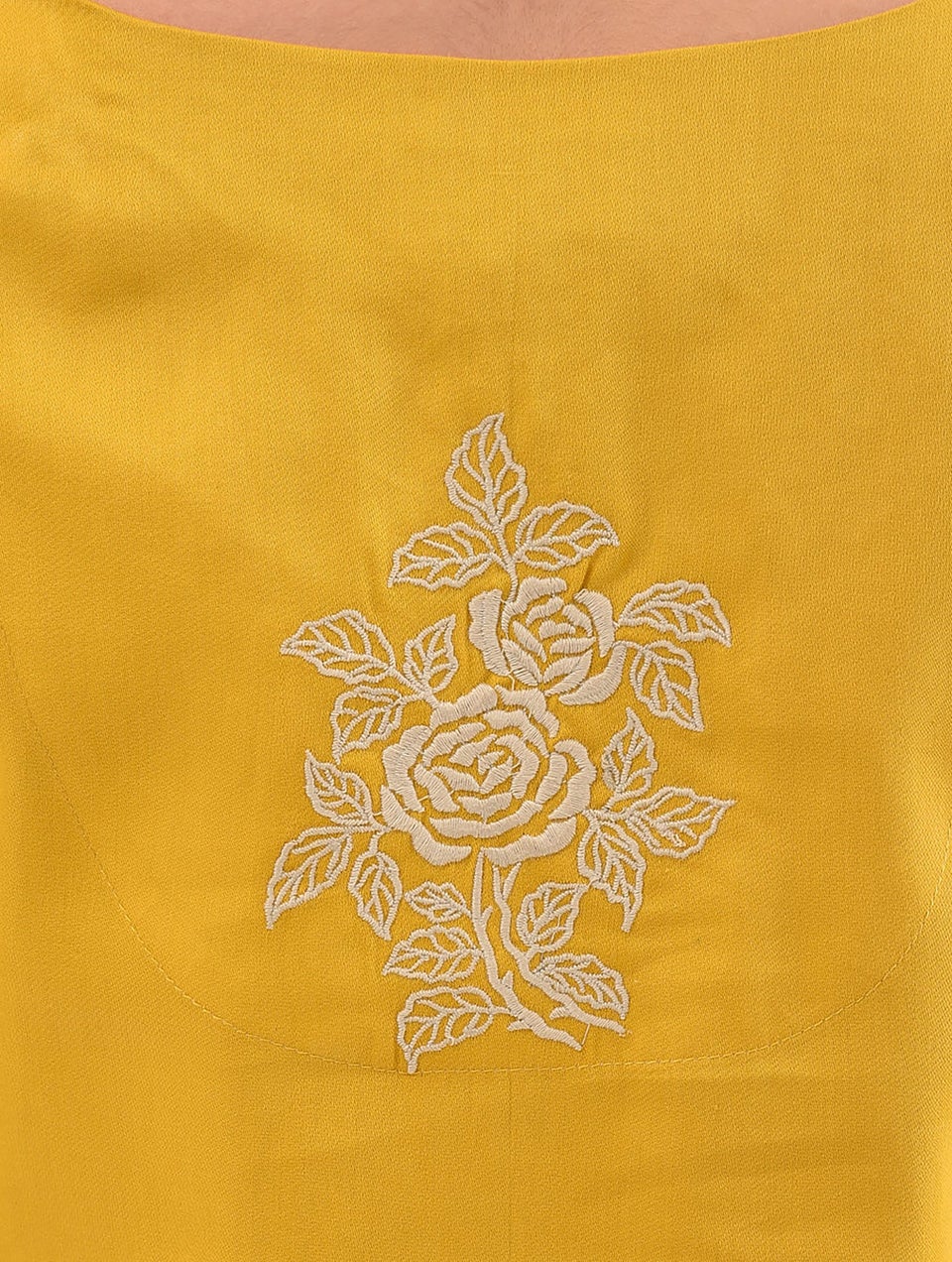 Women Mustard Yellow Cotton Embroidered Round Neck Regular Fit Tunic - XS