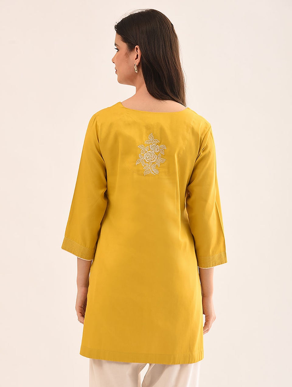Women Mustard Embroidered Cotton Tunic - XS