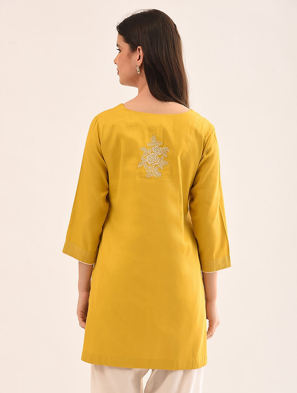 Women Mustard Yellow Cotton Embroidered Round Neck Regular Fit Tunic - XS
