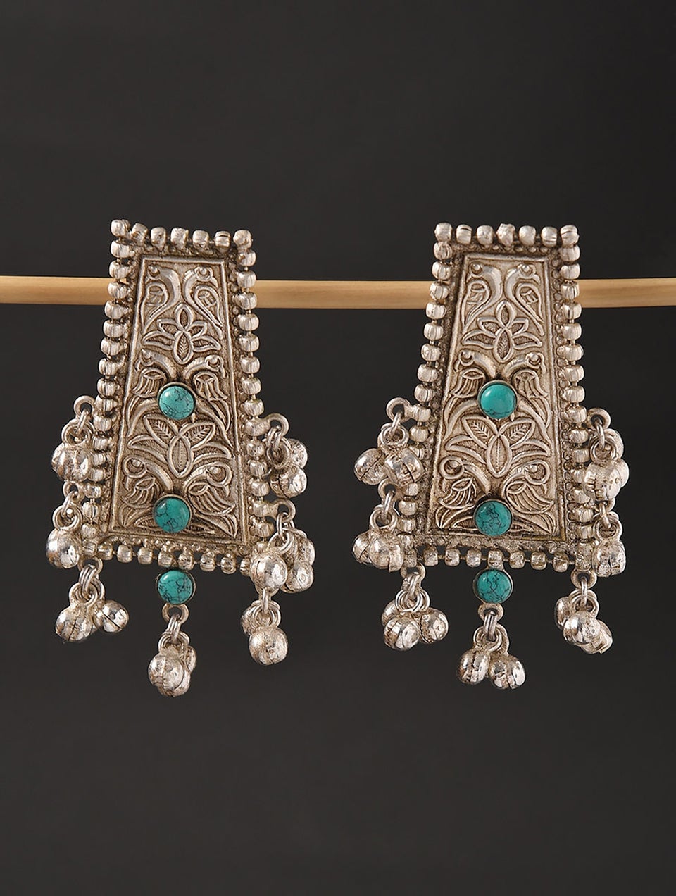 Women Turquoise Silver Tone Tribal Earrings