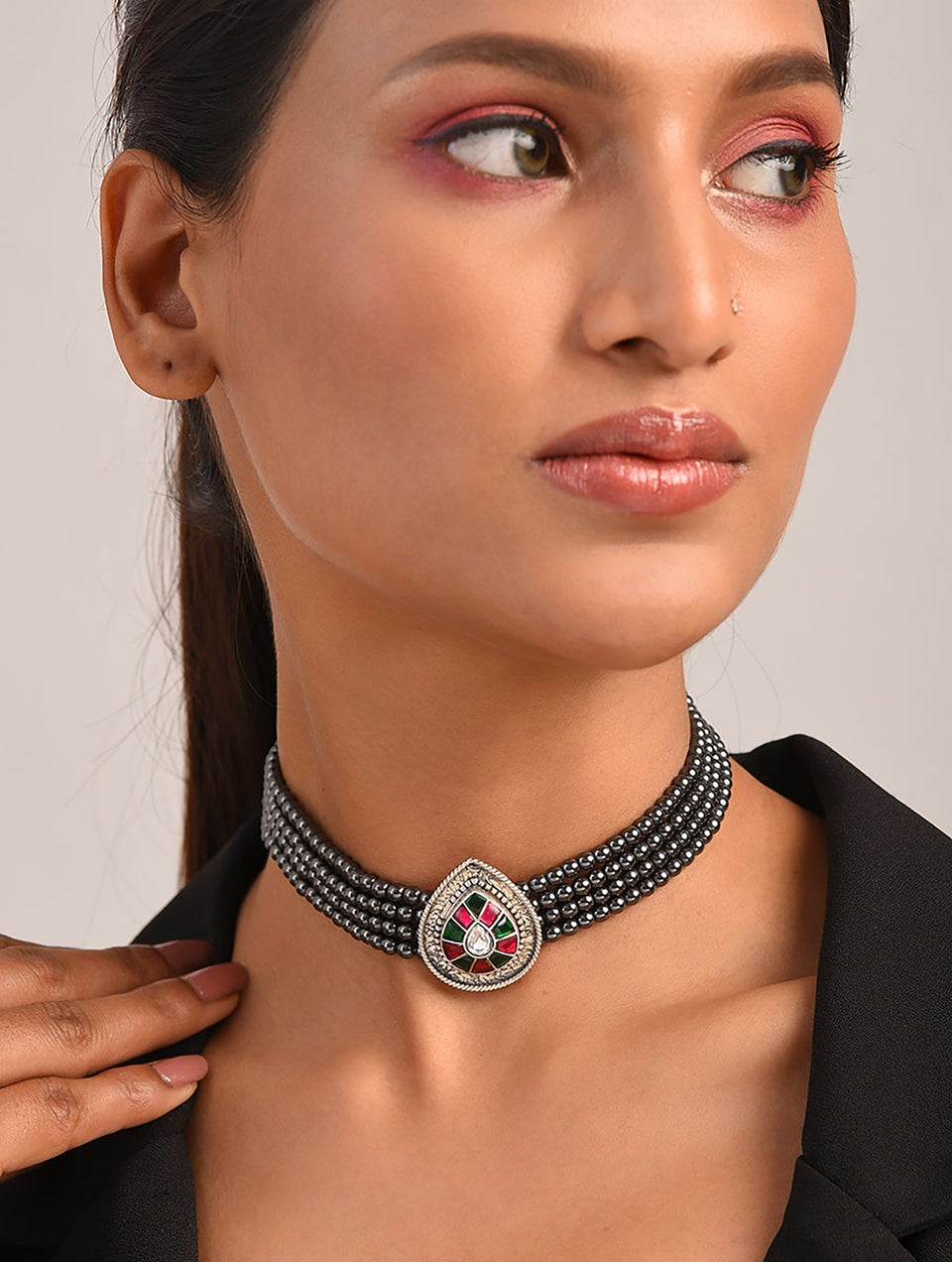 Women Pink Green Silver Choker Kundan Necklace