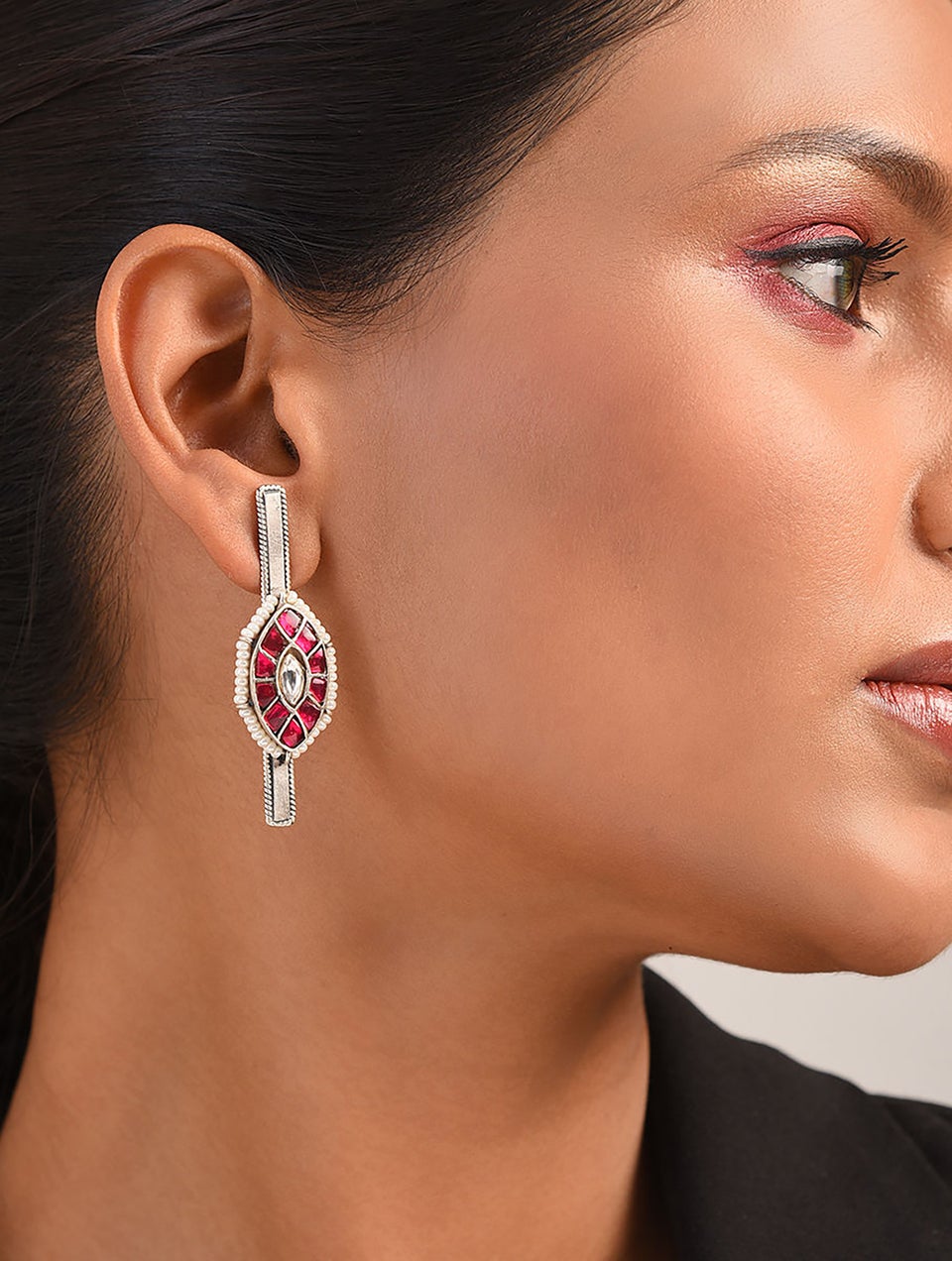 Women Pink Tribal Silver Kundan Earrings