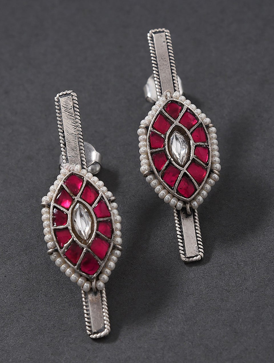 Women Pink Tribal Silver Kundan Earrings