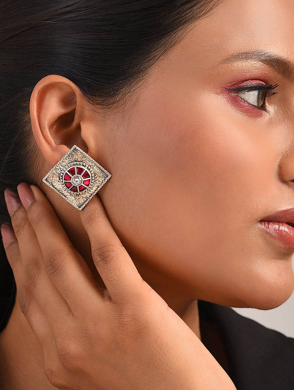 Women Pink Tribal Silver Earrings