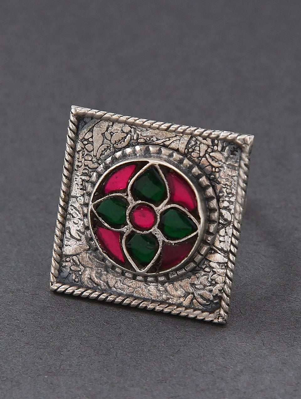 Women Pink Green Tribal Silver Ring