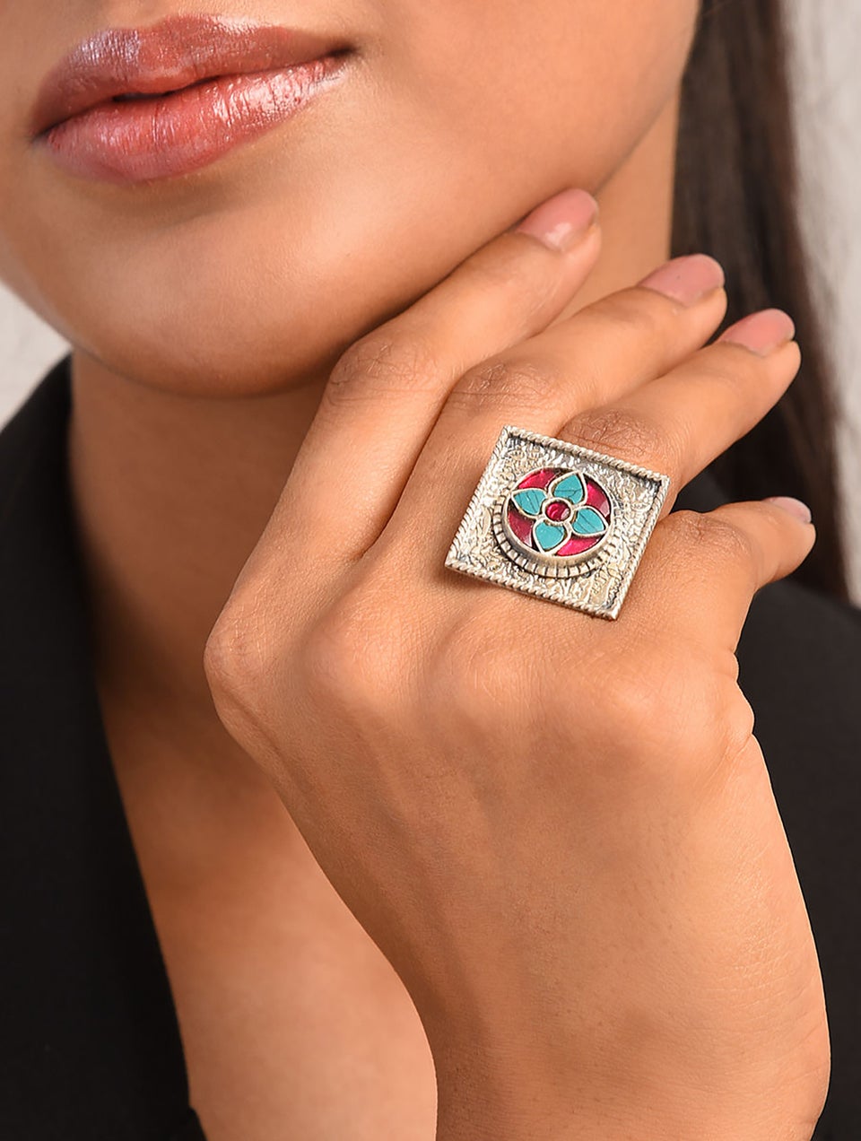 Women Pink Turquoise Tribal Silver Ring