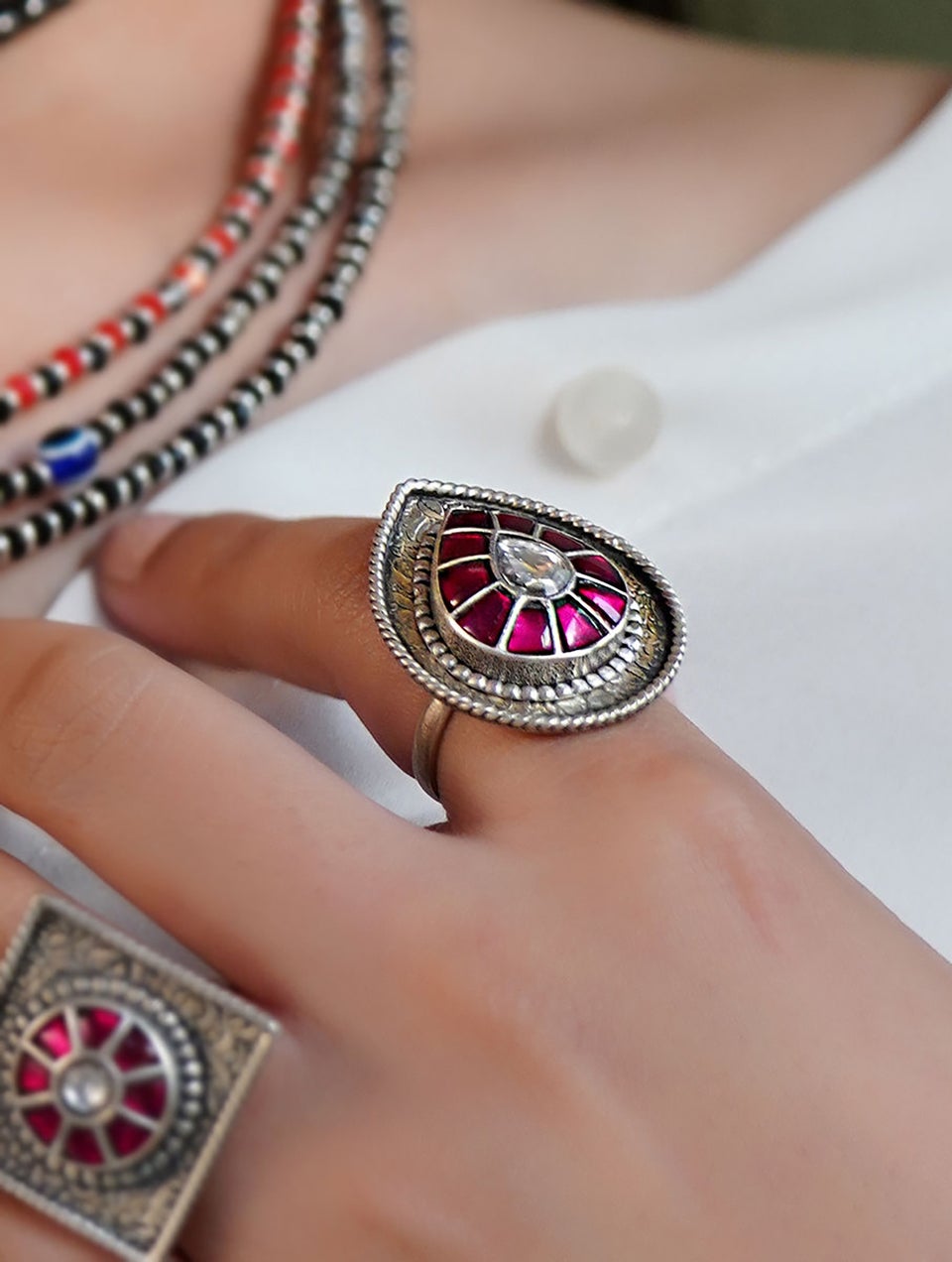 Women Pink Tribal Silver Ring