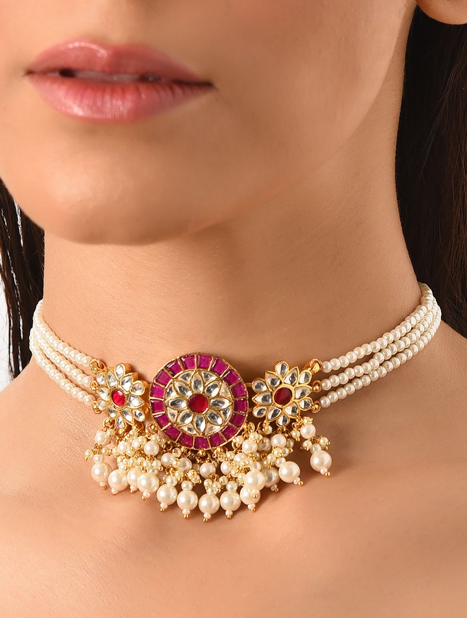 Women Pink Gold Tone Choker Necklace With Pearls