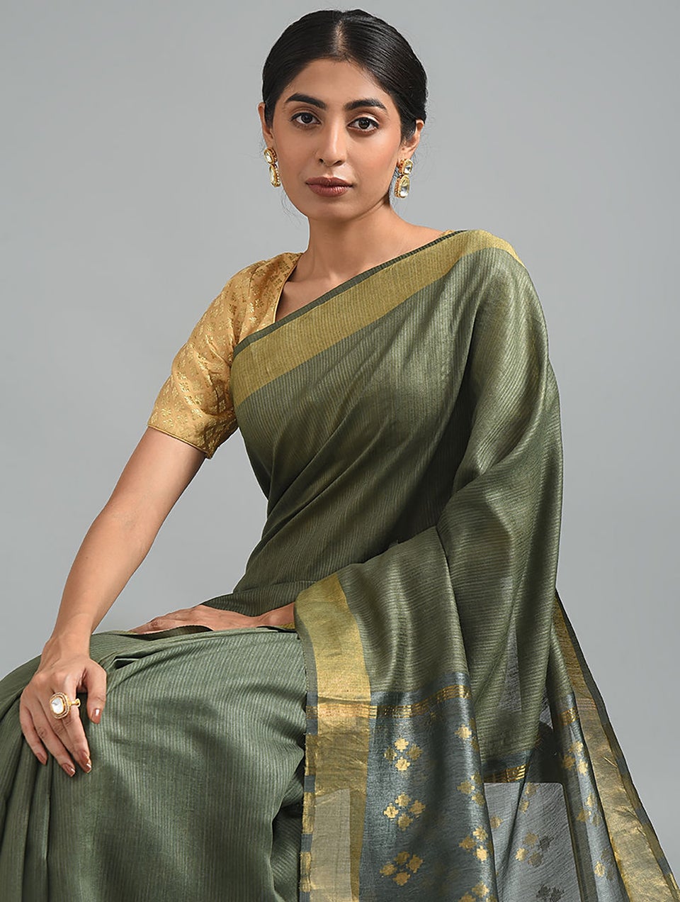 Women Mehndi Green Handwoven Silk X Moonga Saree