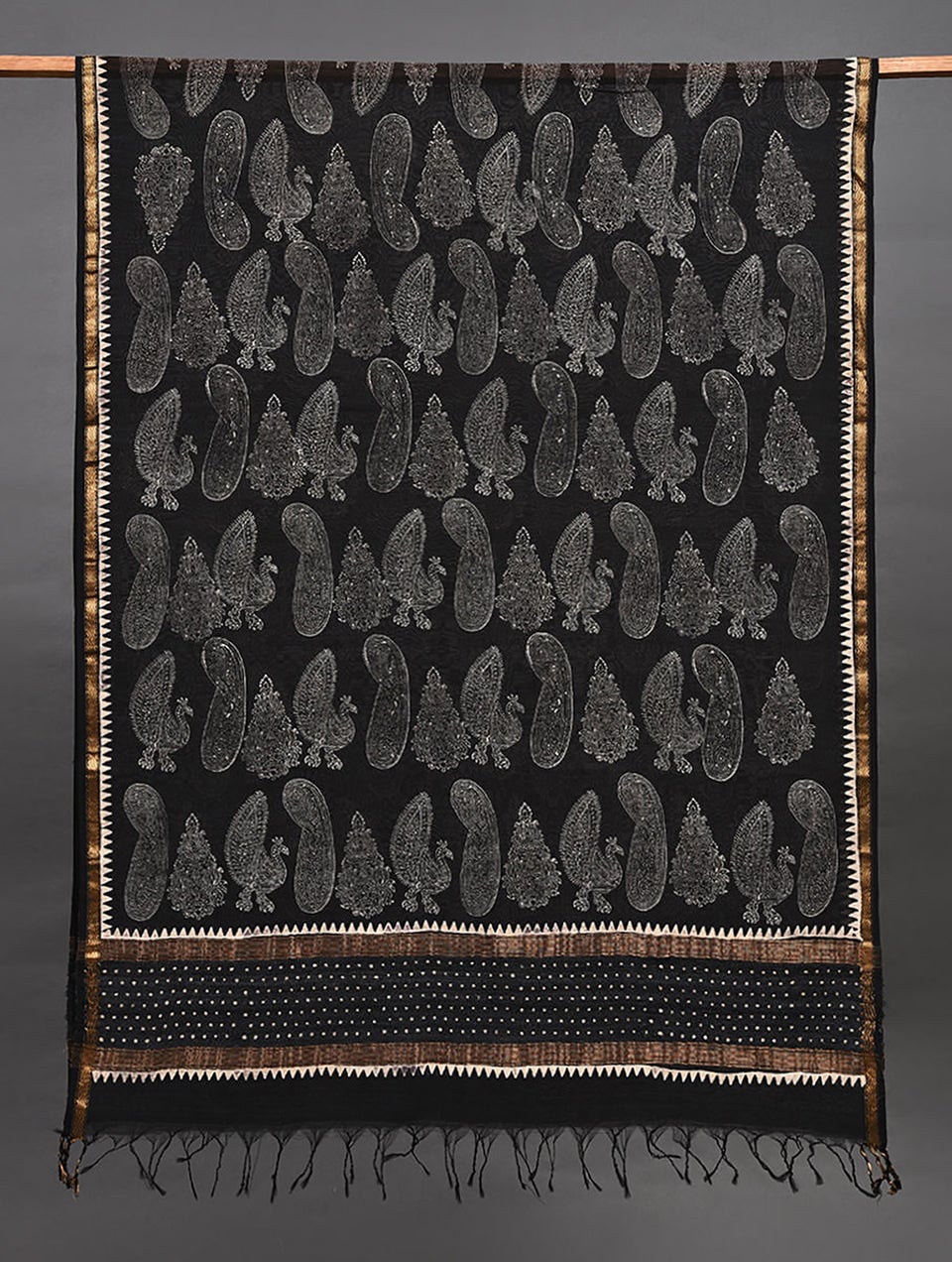 Women Black Handwoven Block Printed Silk Cotton Dupatta