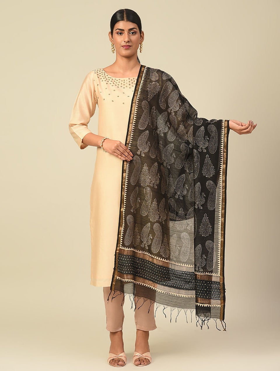 Women Black Handwoven Block Printed Silk Cotton Dupatta