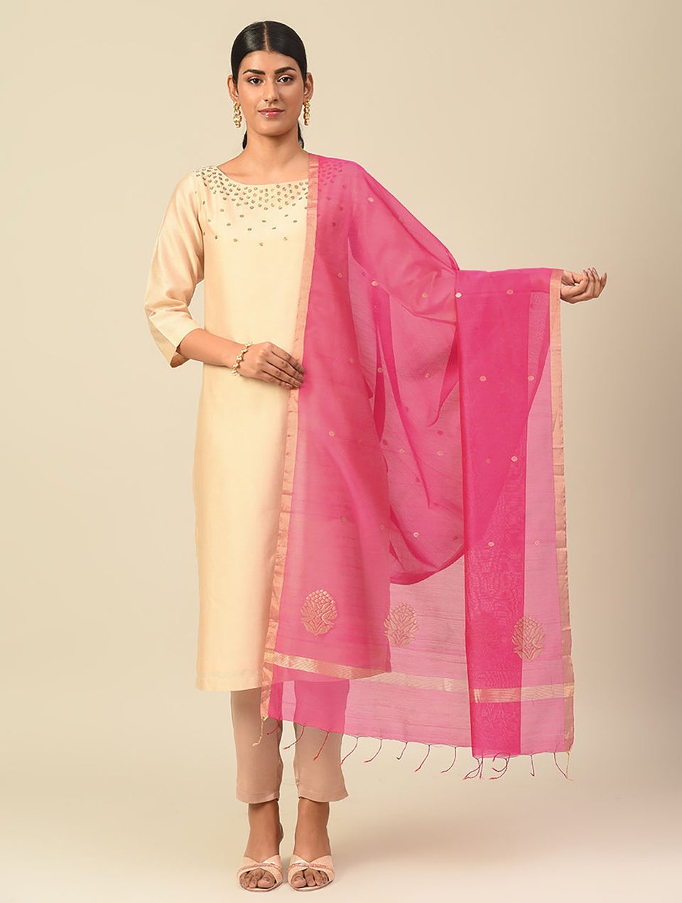 Women Pink Handwoven Silk Cotton Dupatta