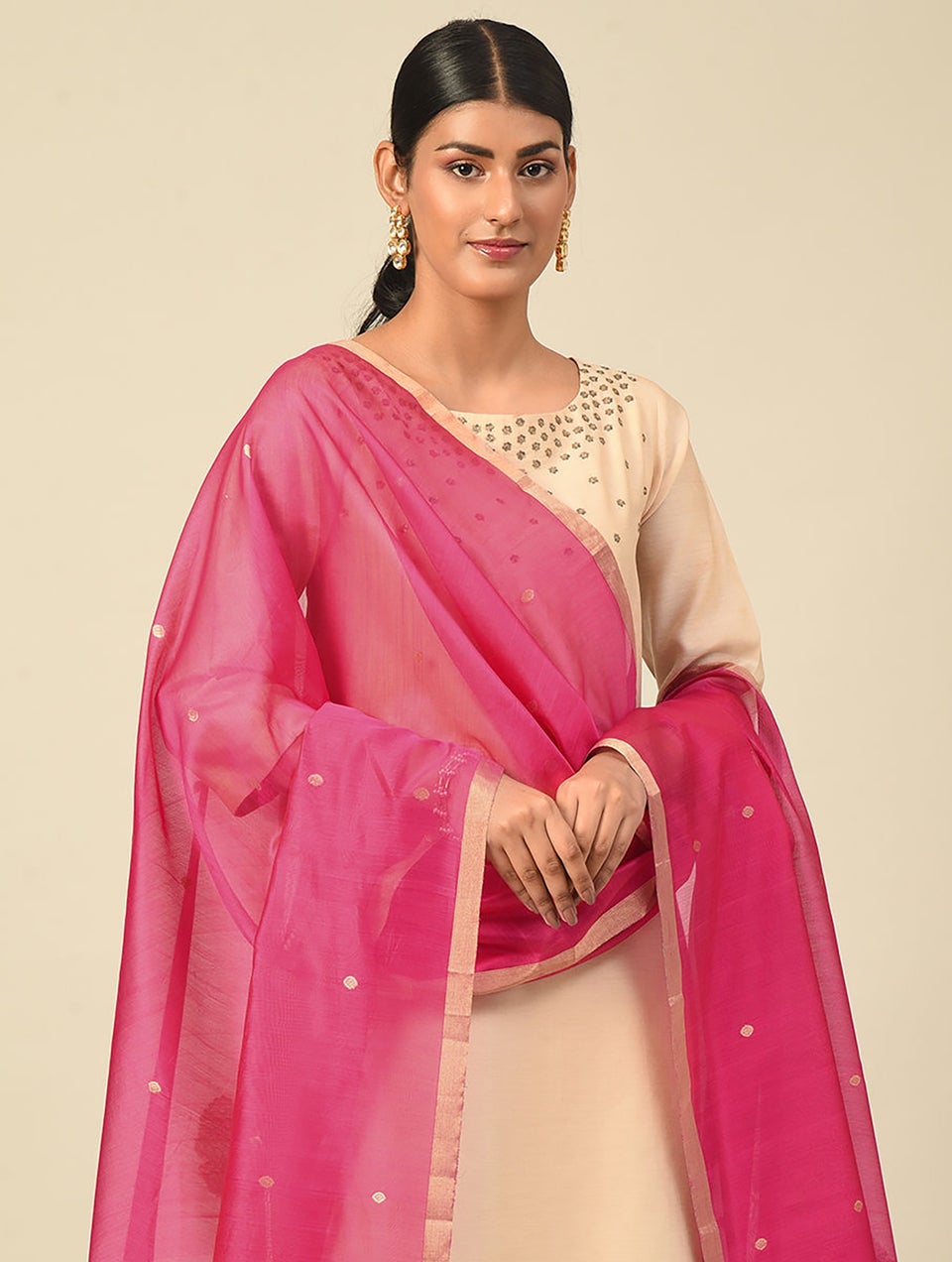Women Pink Handwoven Silk Cotton Dupatta