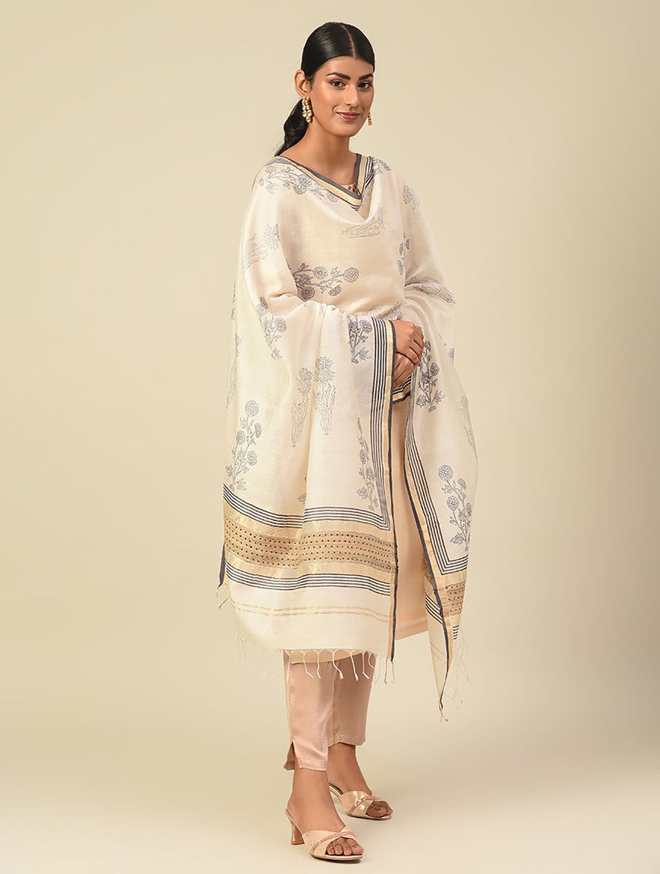 Women White Handwoven Block Printed Silk Cotton Dupatta