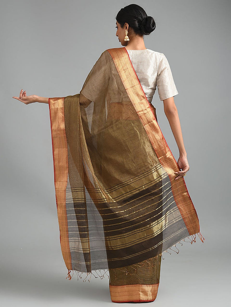 Women Gold Handwoven Silk Tissue Cotton Saree