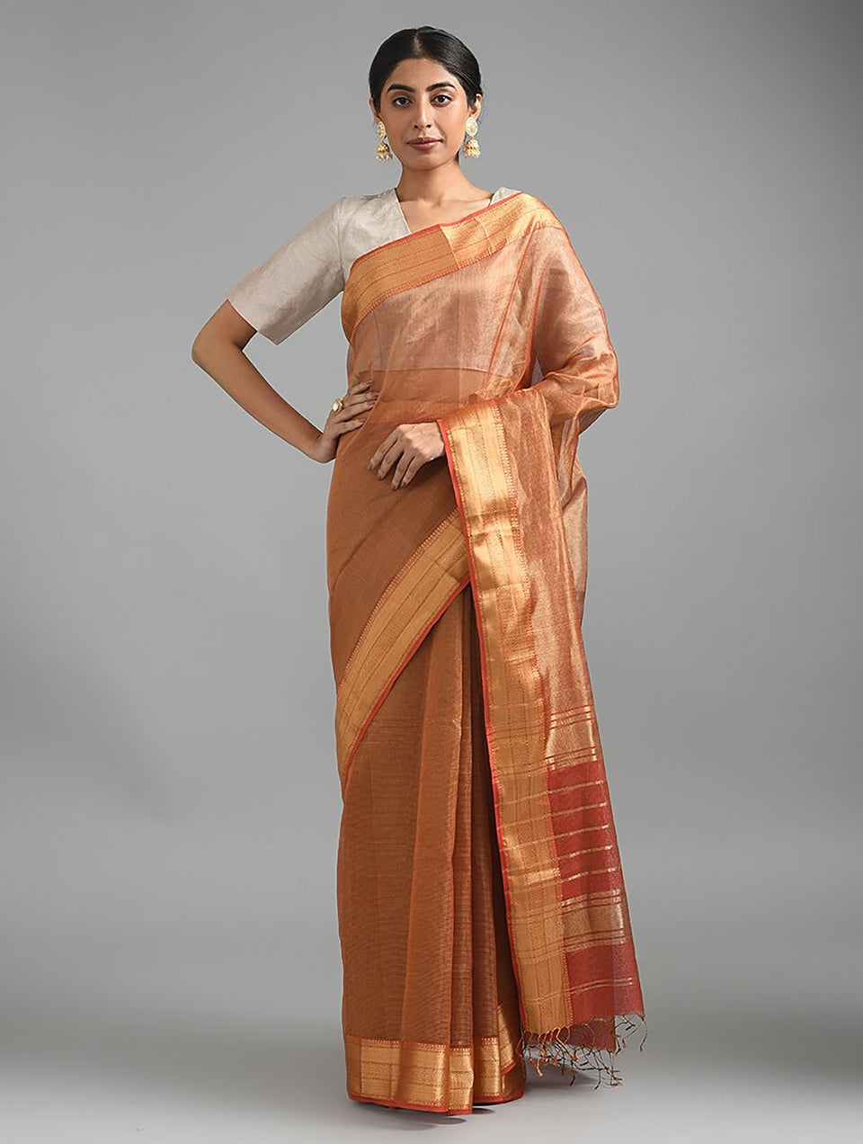 Women Red Handwoven Silk Tissue Cotton Saree