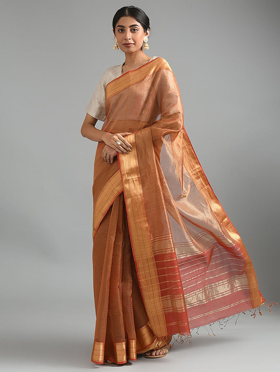 Women Red Handwoven Silk Tissue Cotton Saree