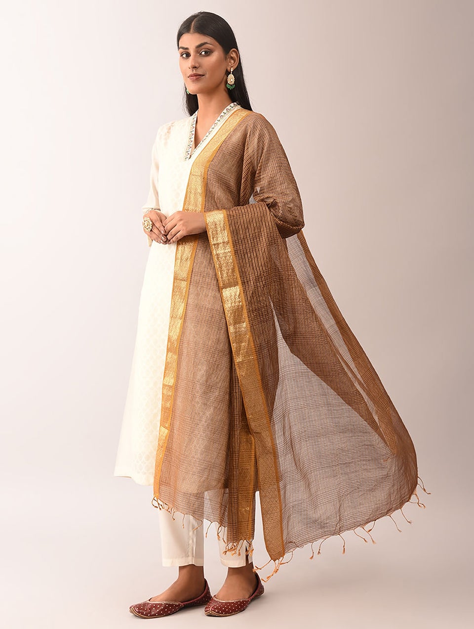 Women Brown Handwoven Silk Cotton Dupatta