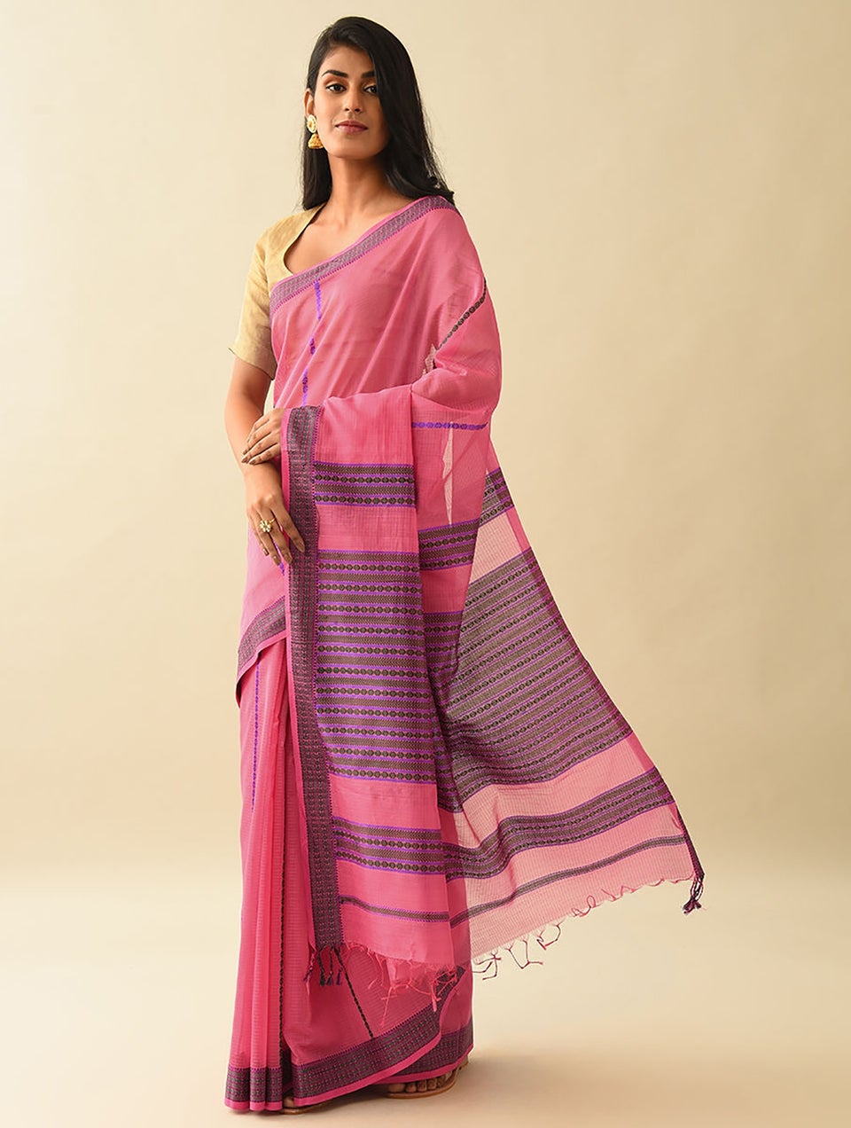 Women Pink Handwoven Silk Cotton Saree