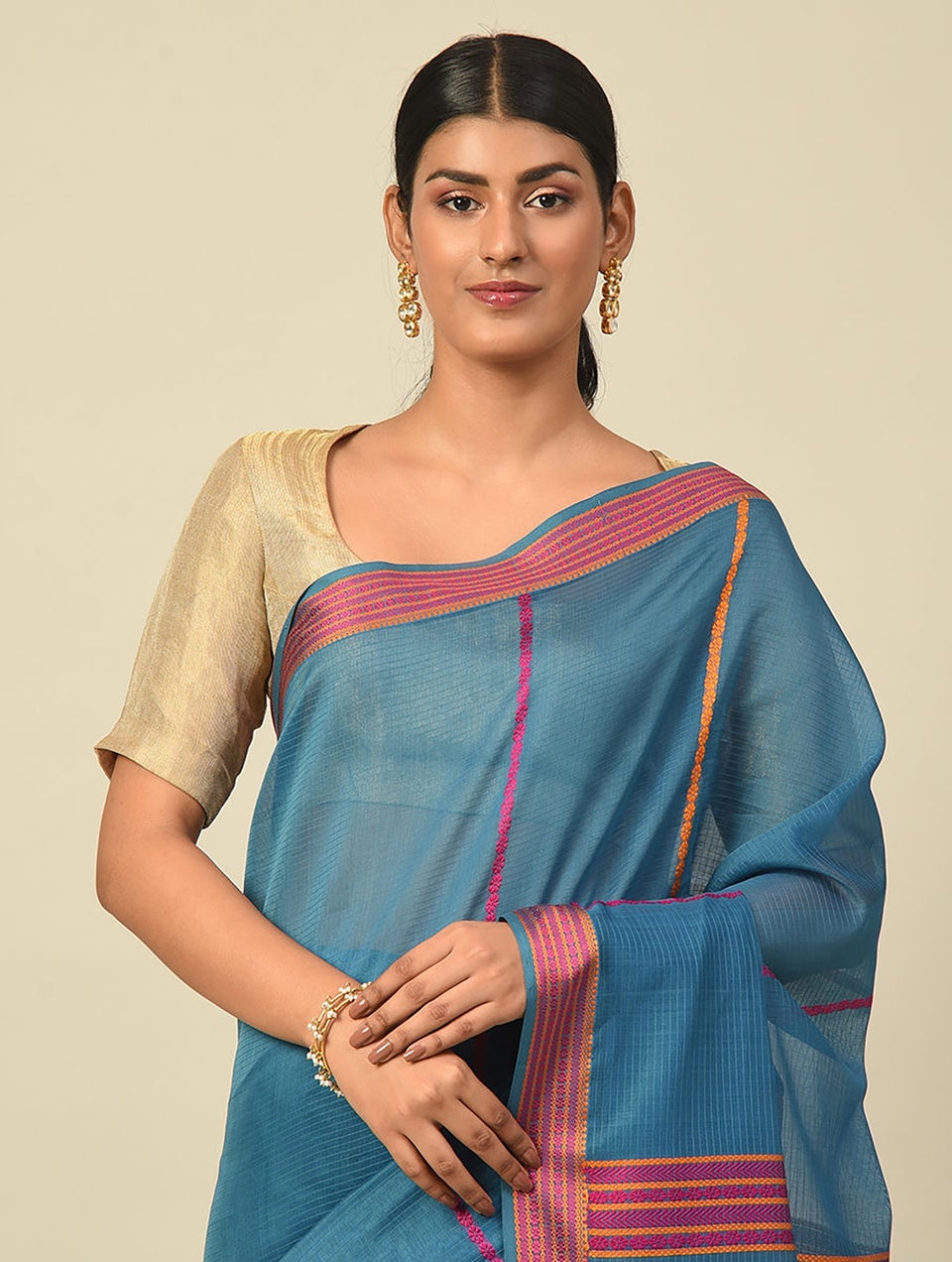 Women Blue Handwoven Silk Cotton Saree