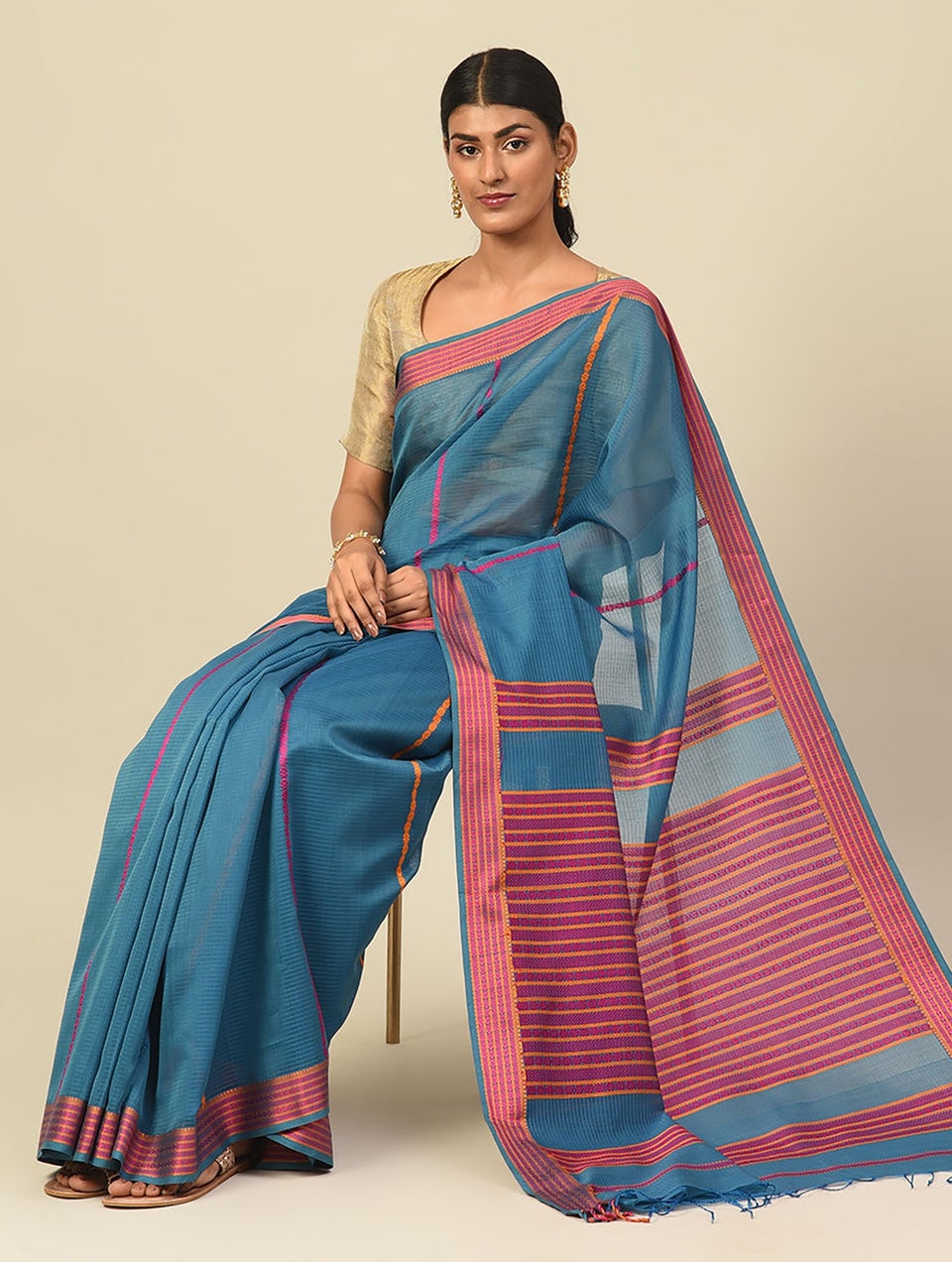 Women Blue Handwoven Silk Cotton Saree