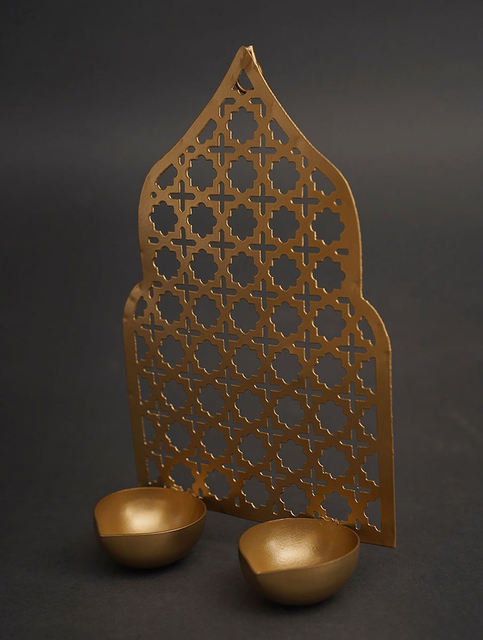 Golden Metal Darbar Shaped Tea Light Holder With Jaali Cutwork
