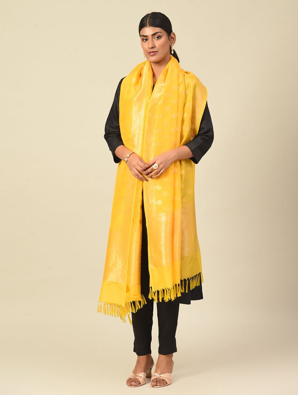 Women Yellow Handwoven Benarasi Katan Silk Georgette Dupatta