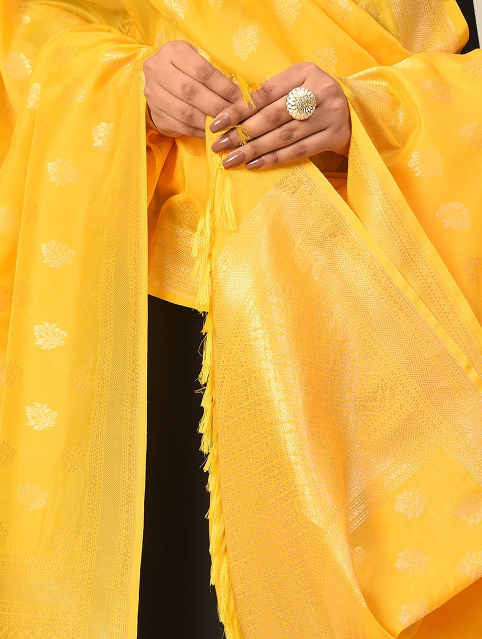 Women Yellow Handwoven Benarasi Katan Silk Georgette Dupatta