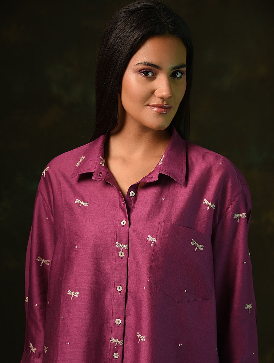 Women Pink Embroidered Silk Cotton Shirt With Slip