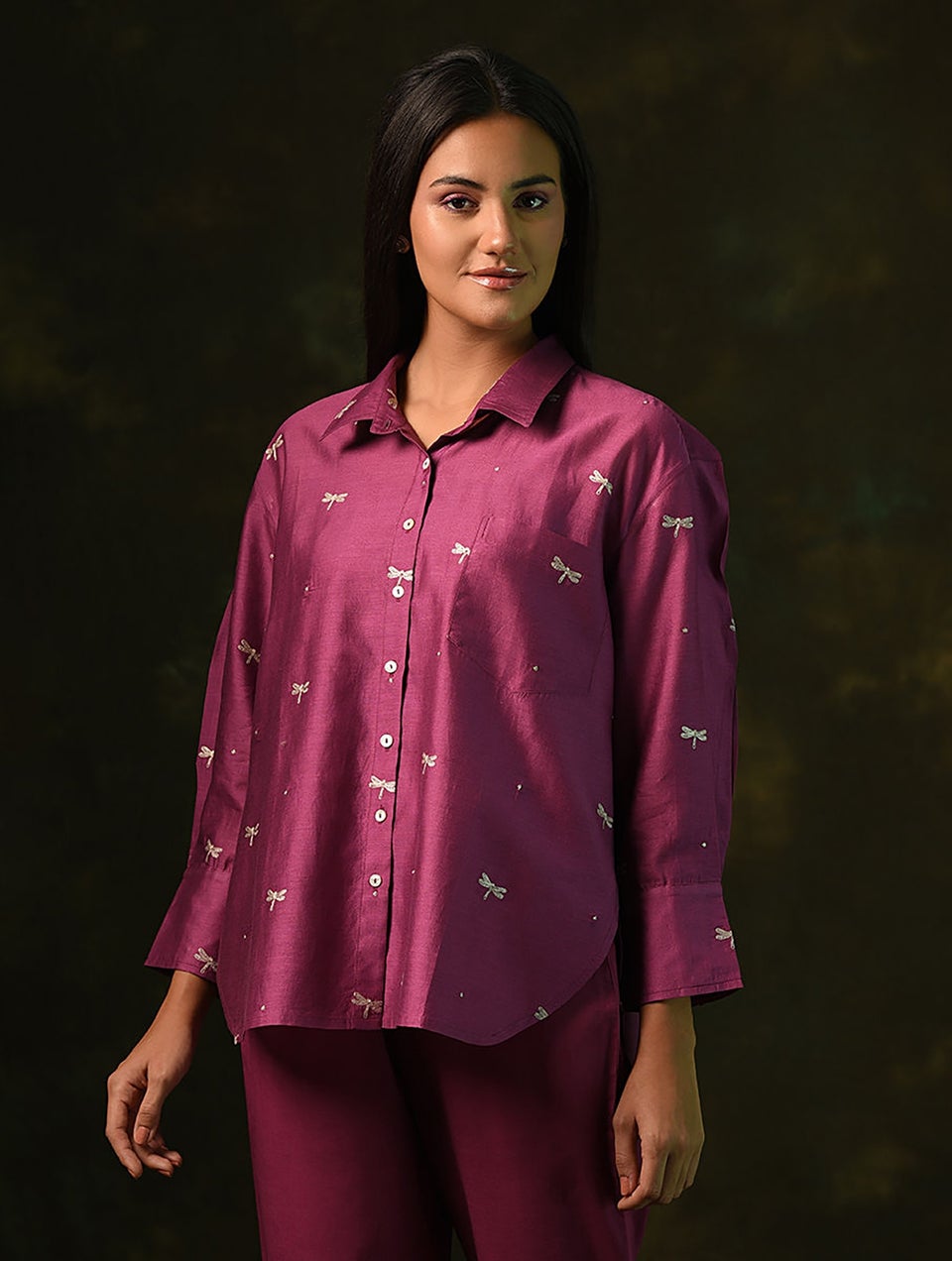 Women Pink Embroidered Silk Cotton Shirt With Slip - S-M