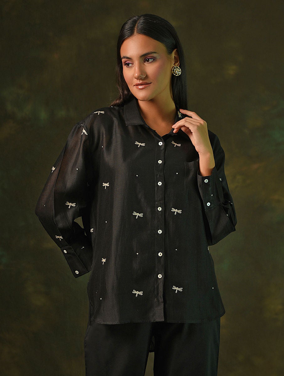 Women Black Embroidered Silk Cotton Shirt With Slip