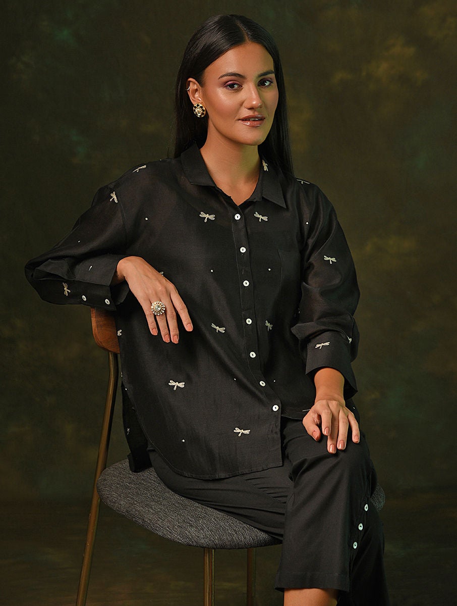 Women Black Embroidered Silk Cotton Shirt With Slip