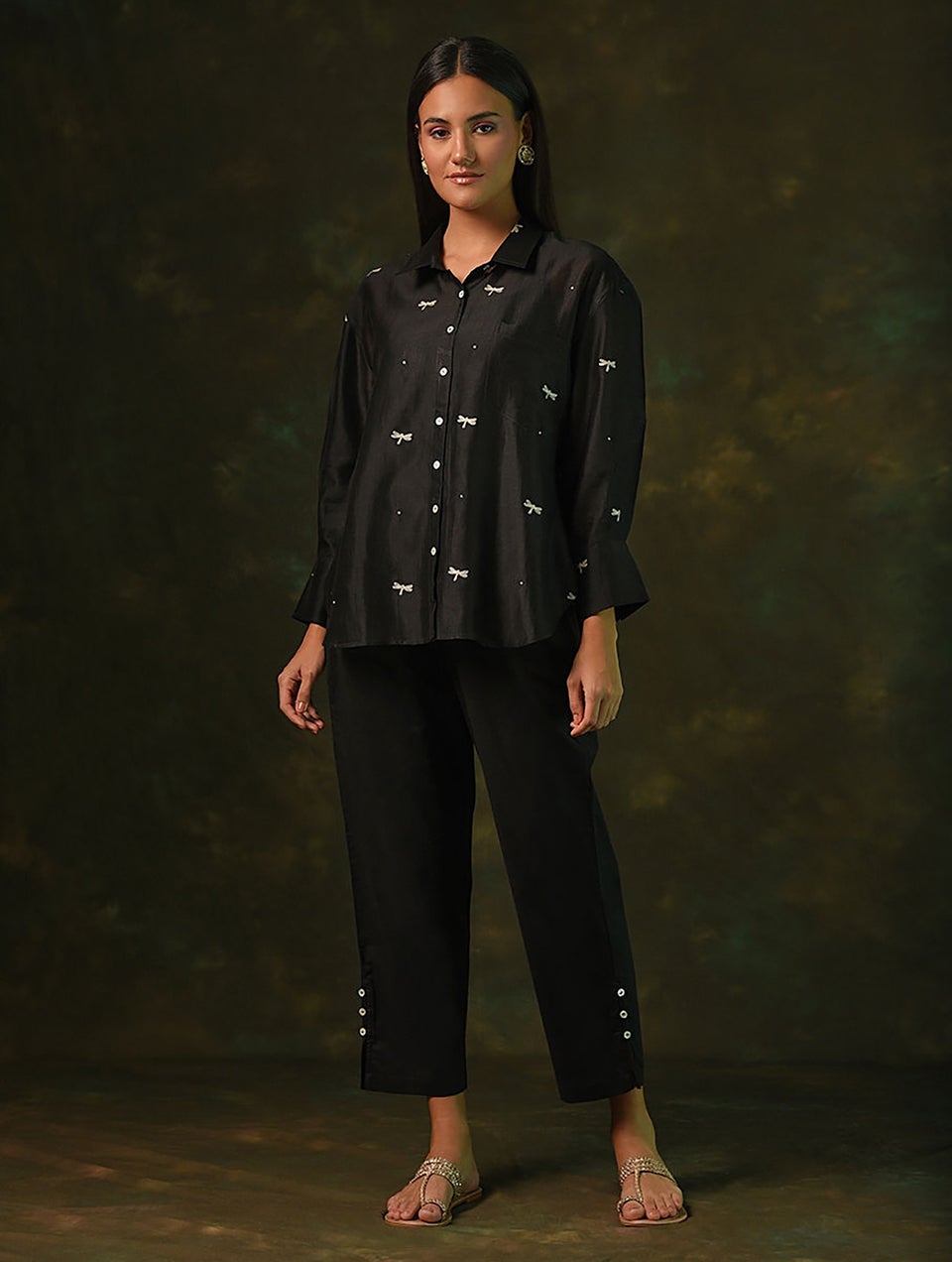 Women Black Embroidered Silk Cotton Shirt With Slip - S-M