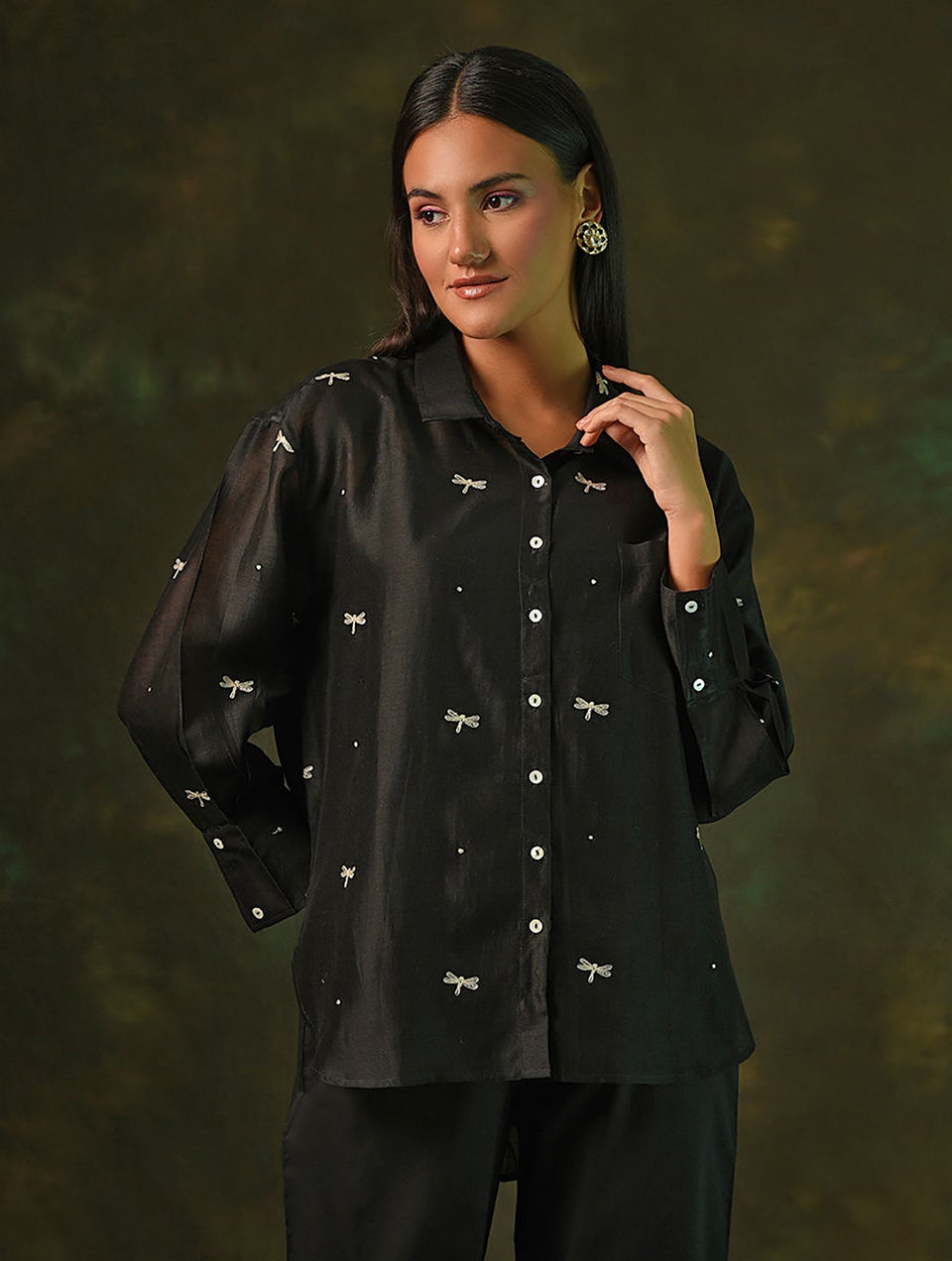 Women Black Embroidered Silk Cotton Shirt With Slip - S-M