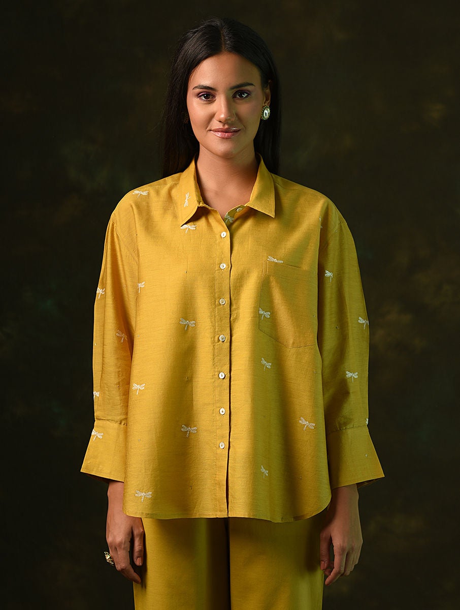 Women Mustard Embroidered Silk Cotton Shirt With Slip