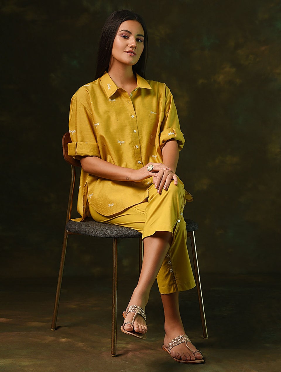 Women Mustard Embroidered Silk Cotton Shirt With Slip - S-M