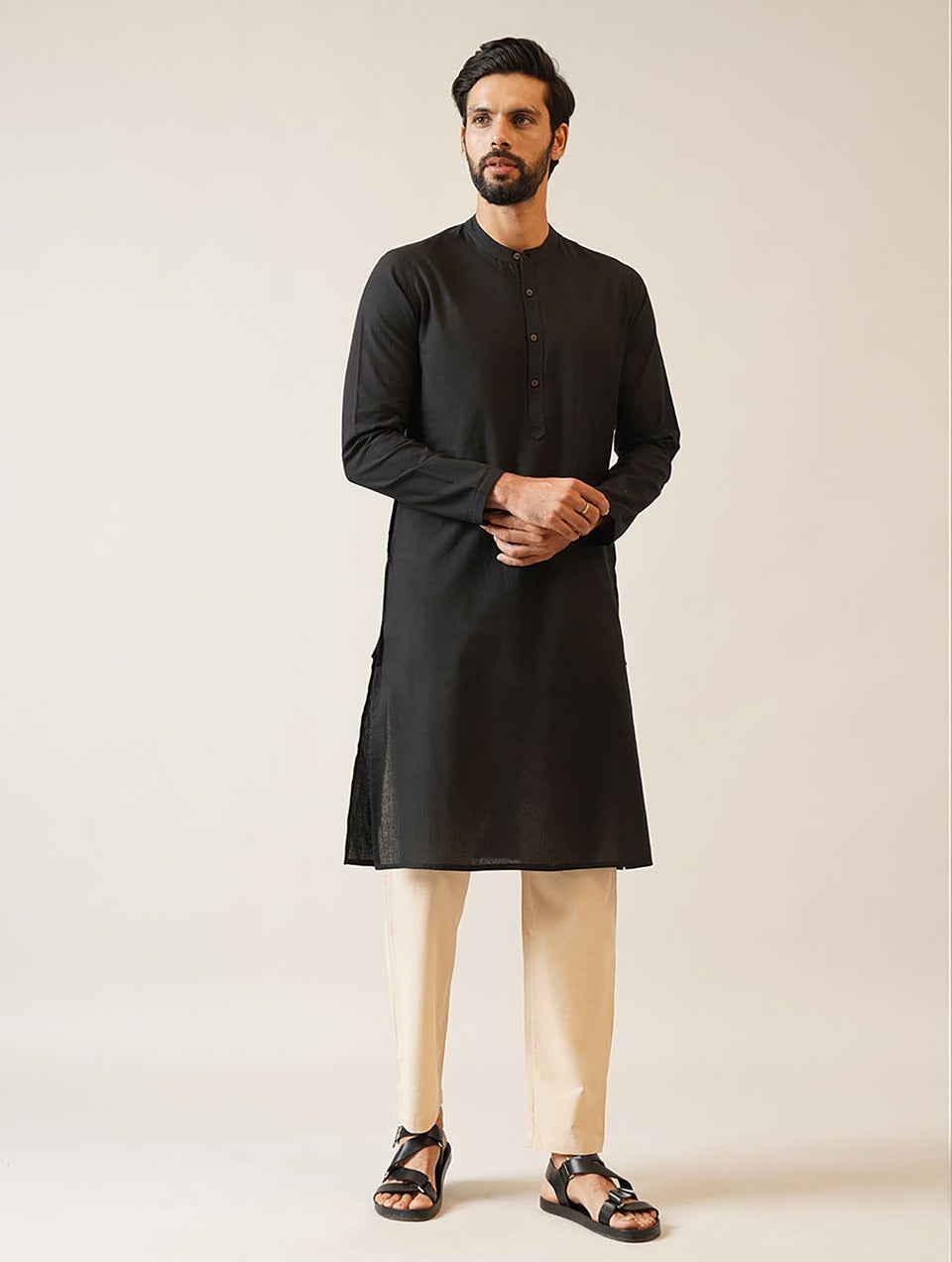 Men Black Cotton Mandarin Collar Regular Fit Kurta - 38