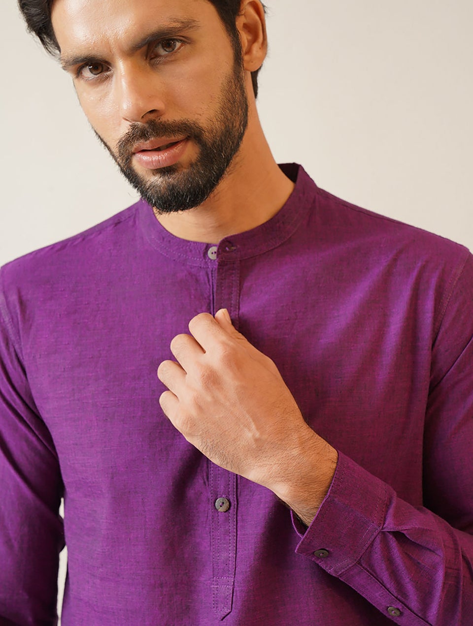 Men Wine Purple Cotton Mandarin Collar Regular Fit Kurta - 38