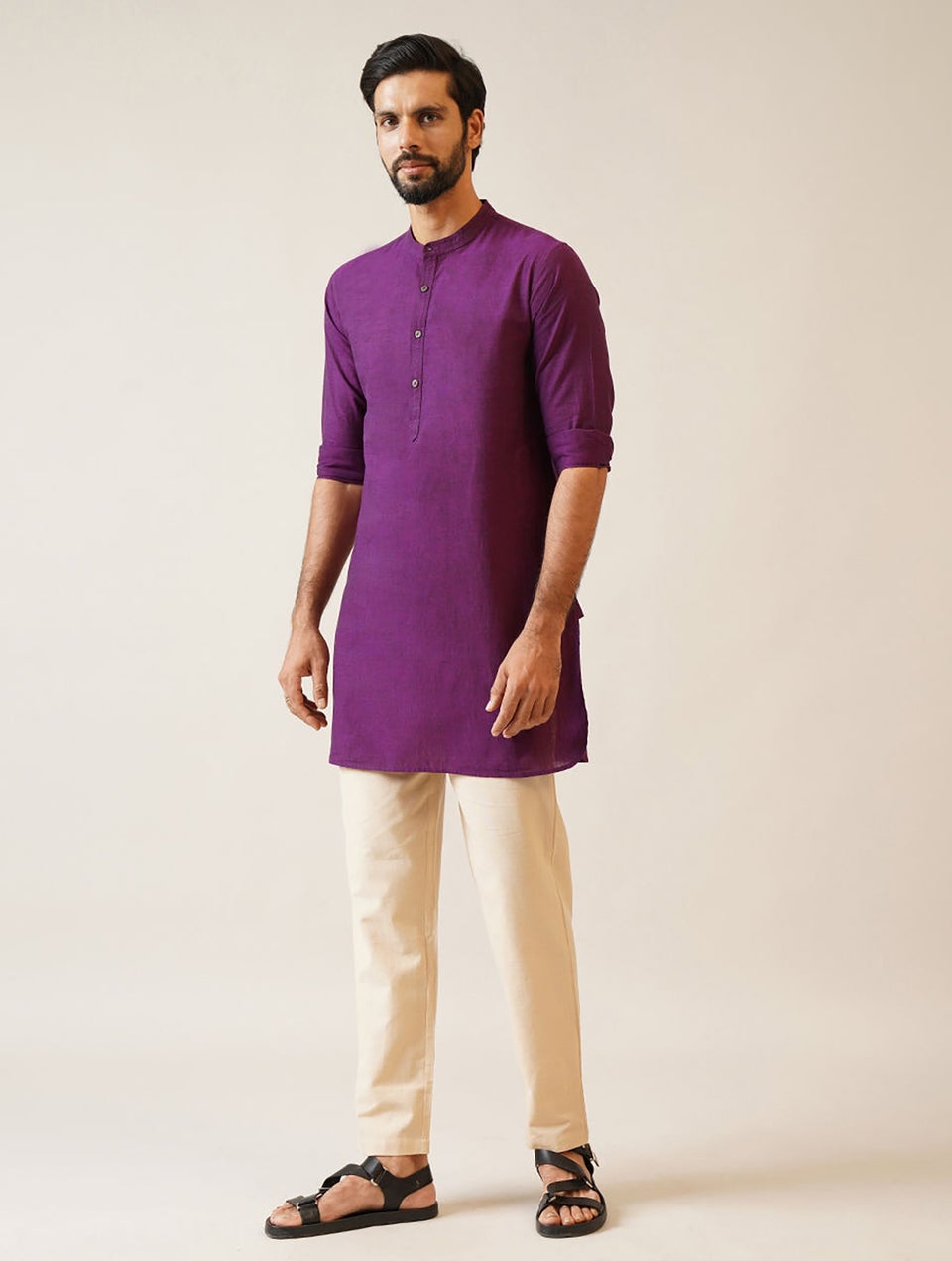 Men Wine Purple Cotton Mandarin Collar Regular Fit Kurta - 38