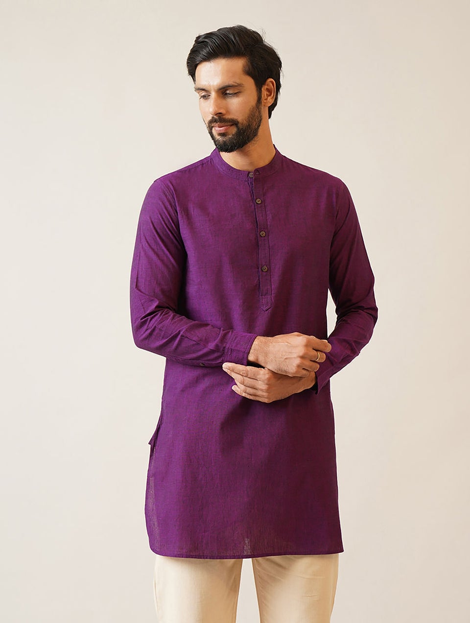 Men Wine Purple Cotton Mandarin Collar Regular Fit Kurta - 38