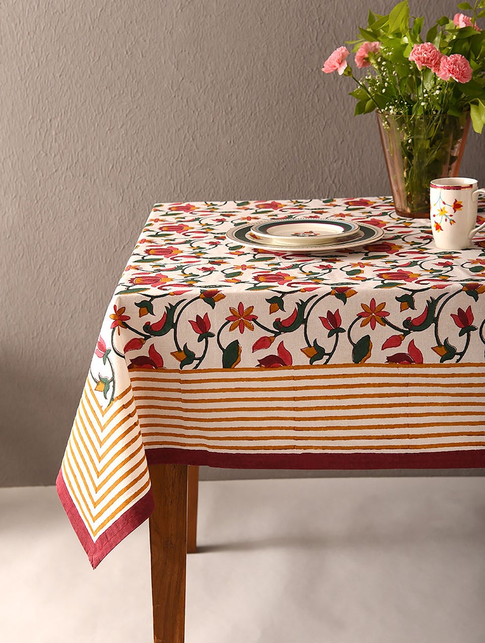 Handblock Printed Cotton Tablecloth With Paithan Motifs - 5FT