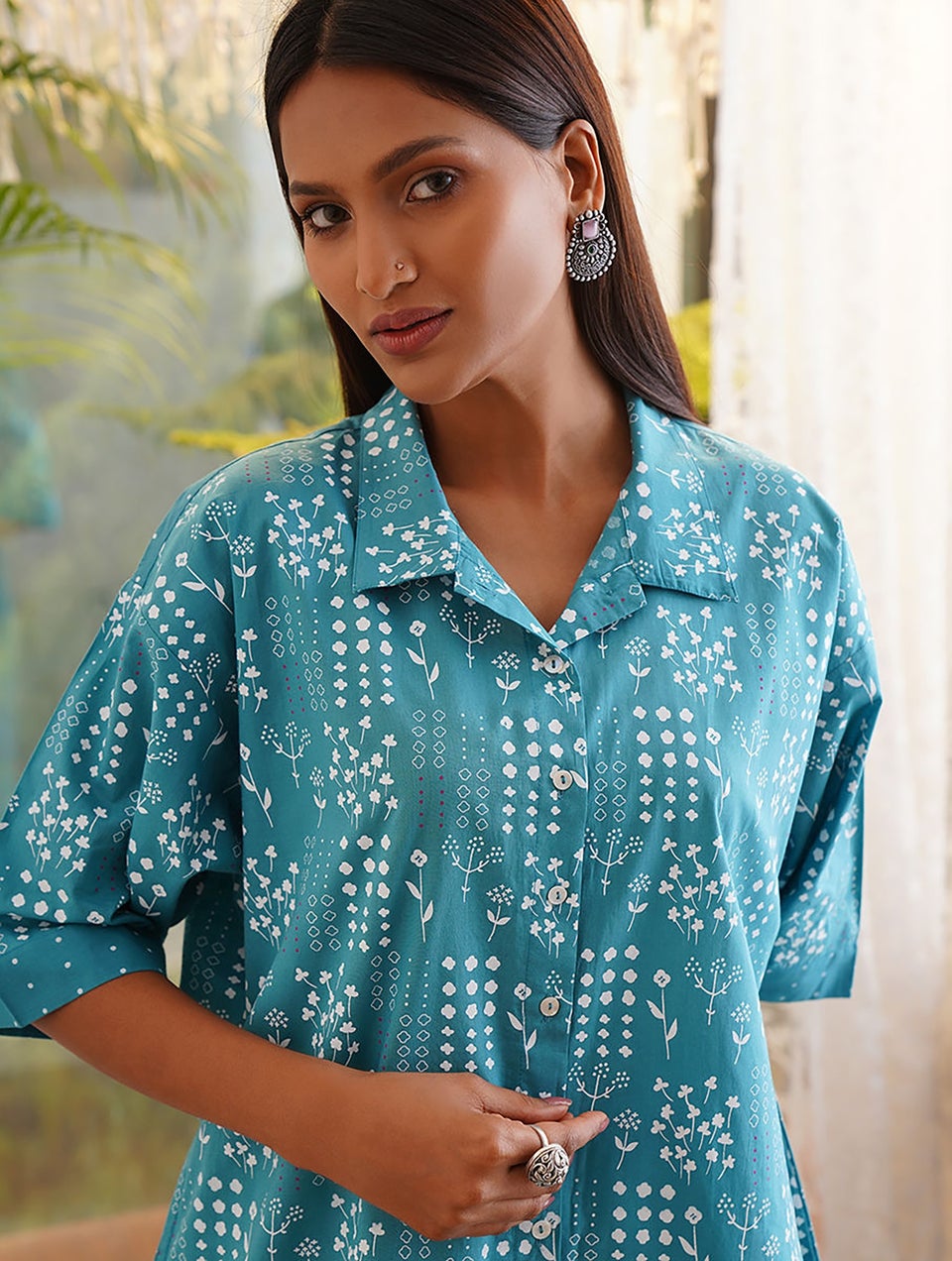 Women Blue Printed Cotton Shirt Dress With Pockets - S-M