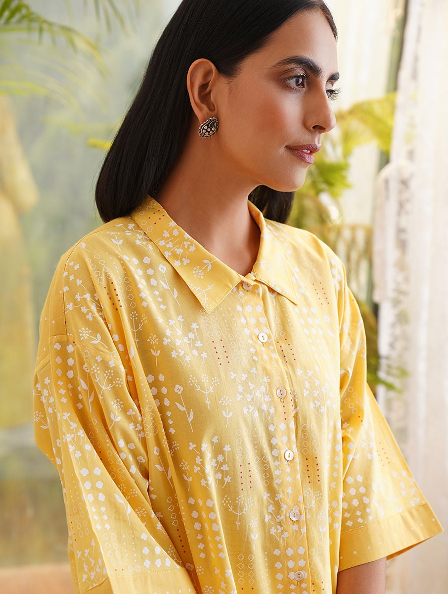 Women Yellow Printed Cotton Shirt Dress With Pockets