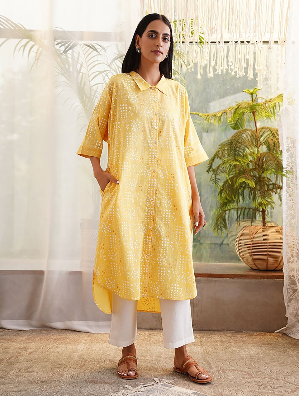 Women Yellow Printed Cotton Shirt Dress With Pockets - S-M