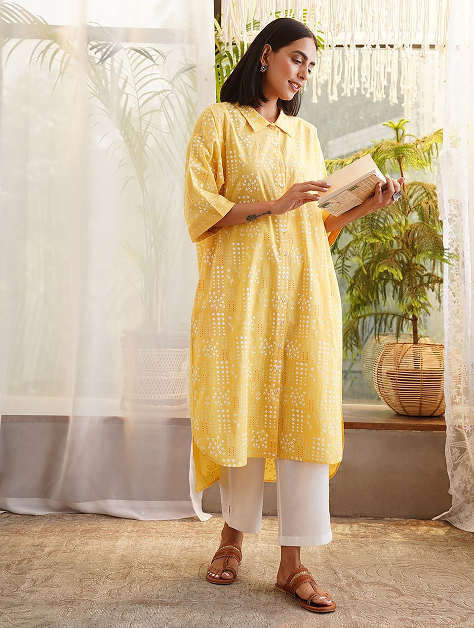 Women Yellow Printed Cotton Shirt Dress With Pockets - S-M